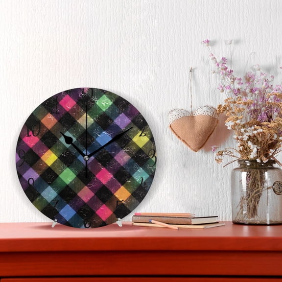 10" Quartz Indoor Wall Clock Silent Mechanism - Neon Rainbow Checkered Pattern