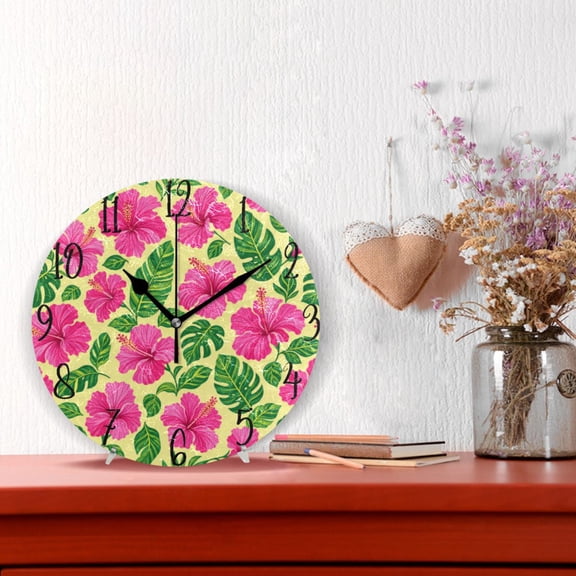 10" Quartz Indoor Wall Clock Silent Mechanism / Pink Hibiscus Decorative Pattern