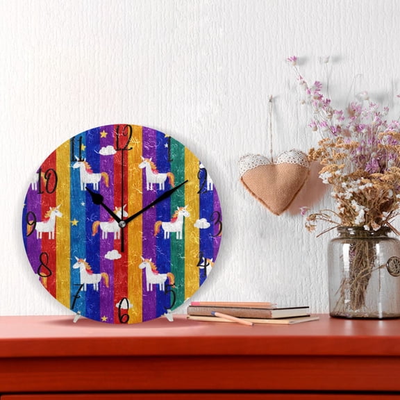 10" Quartz Indoor Wall Clock Silent Mechanism - Playful Rainbow Unicorn Artwork