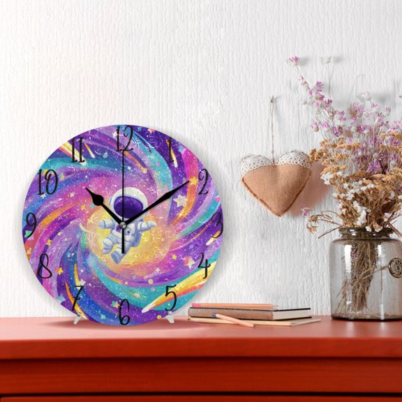 10" Quartz Indoor Wall Clock Silent Mechanism - Rainbow Galaxy Astronaut Art