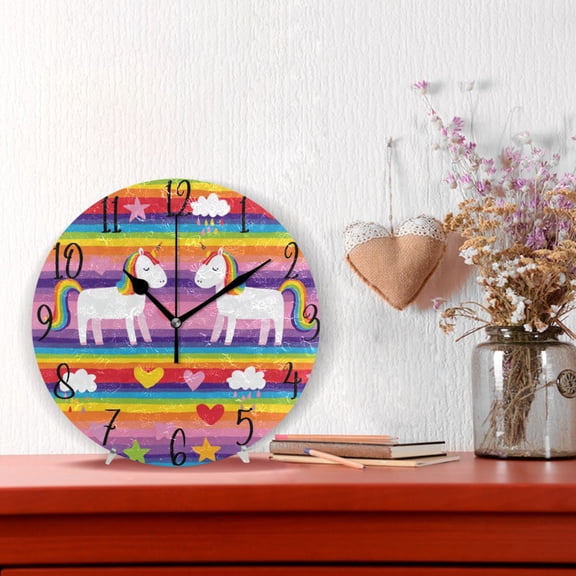 10" Quartz Indoor Wall Clock Silent Mechanism - Rainbow Striped Unicorn Print