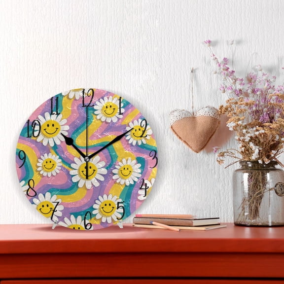 10" Quartz Indoor Wall Clock Silent Mechanism / Smiley Faces on The Flowers