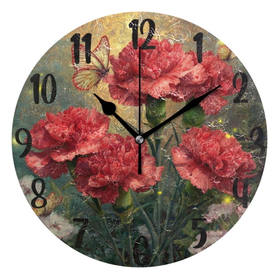 10" Quartz Indoor Wall Clock Silent Mechanism Sunflowers-dish-drying-mat-microfiber-kitchen-pad-large-counter-absorbent-dish-mats-drainer-rack-16- Red Carnations and Butterflies