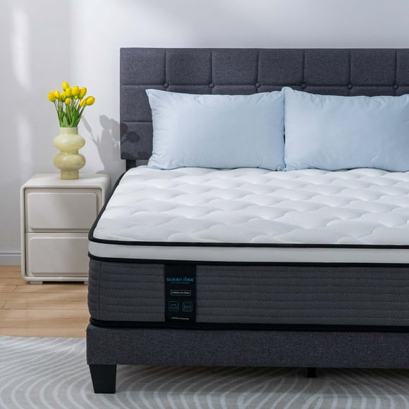 10'' Queen Hybrid Mattress, QUEEN ROSE Hybrid Firm Mattress in a Box with Gel Memory Foam, Individually Wrapped Pocket Coils Innerspring, Pressure-Relieving and Supportive, Mattress Queen Size