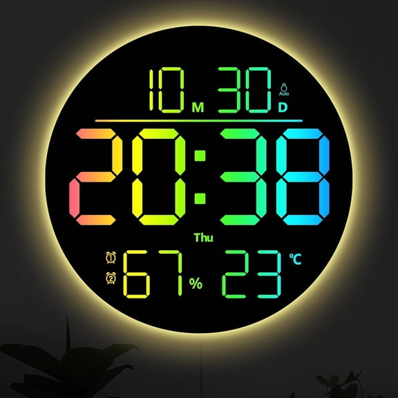10" RGB Color Large Digital Wall Clock LED Display with Remote Control, Auto Dimmer, DST, Temp, Humidity, Auto /off - Light, Plug-in Digital Clocks for Bedrooms, Living Room, Classroom