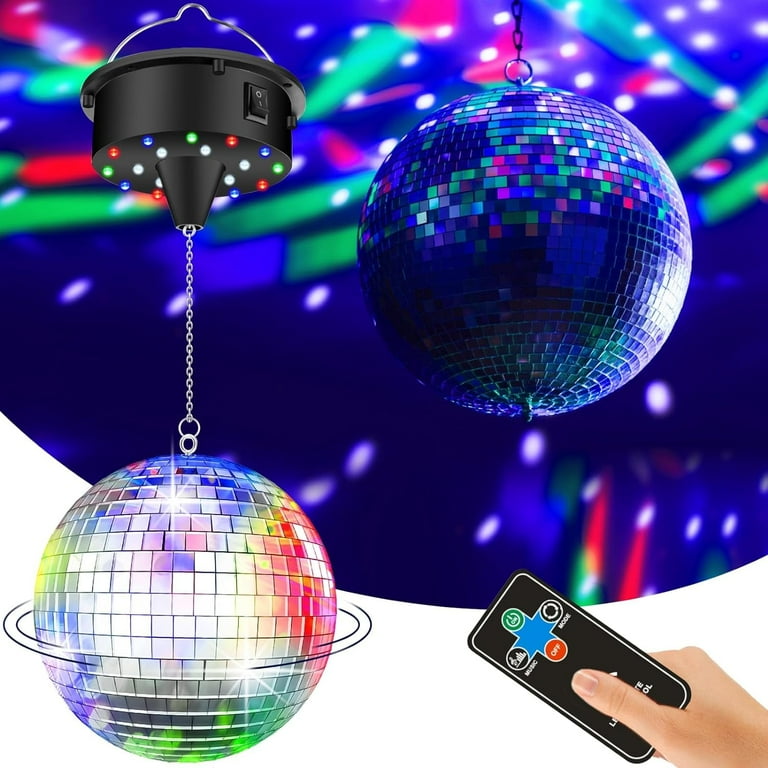 10 RPM Disco Ball with Motor and Disco Ball Plug Battery Powered Disco Ball Light with 4 Color Lights 18 LED Beads and Mirror Ball Christmas Party