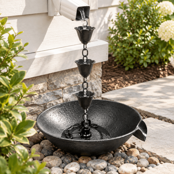 10" Rain Chain Anchoring Downspout Catch Basin, Black, 12.87 x 12.87 x 4.09 in