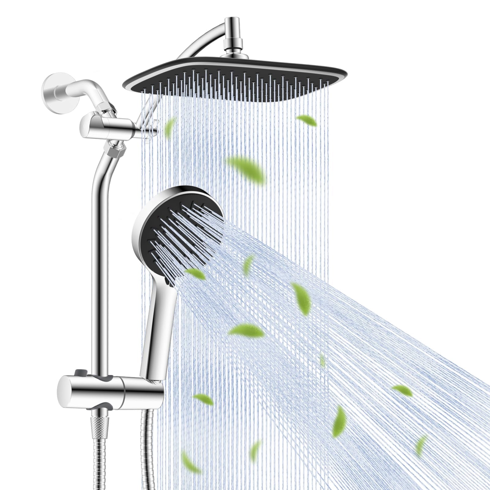 10" Rain Shower Head With Handheld  High Boosting Rainfall Showerhead All Metal Adjustable Extension Arm Easy Reach Holder 5 Spray Modes Power Wash To Install Chrome