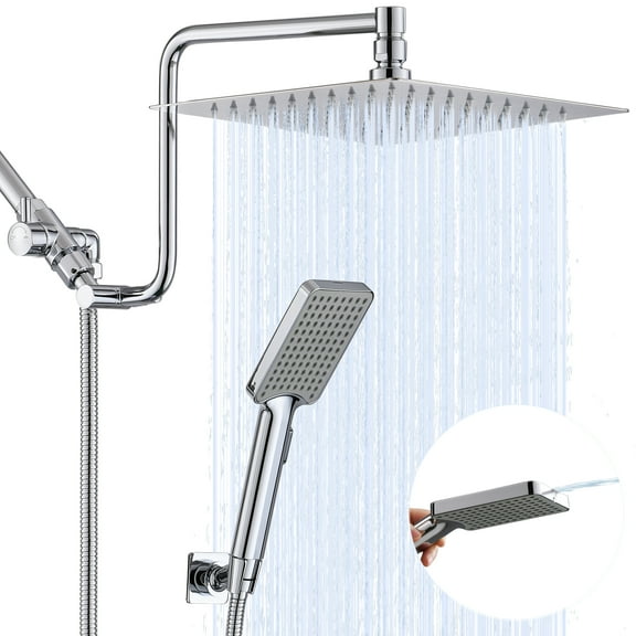 10"  Rainfall Shower Head with Handheld Combo, Upgrade 12" Extension Arm Height Adjustable, Powerful Stainless Steel Shower Head High Pressure, Brass Shower Holder Extra Long Shower Hose, Chrome