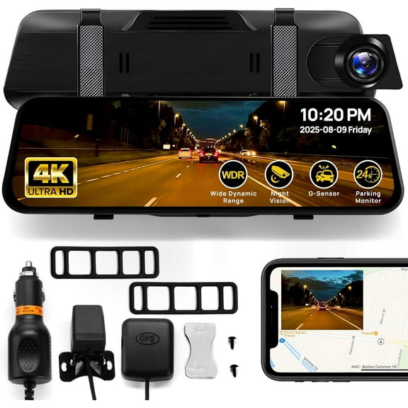 10" Rear View Mirror Camera - 4K Touchscreen Digital Rearview Mirror with GPS, G-Sensor, Loop Recording, Night Vision, 170? Wide Angle, Backup Dash Cam for , Easy Installation