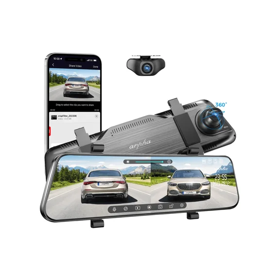 10" Rear View Mirror Camera - Full Touch Screen, Dual Cam (1080P Front/720P Rear), WiFi App Control, Voice Control, WDR Night Vision, 24H Parking Mode, G-Sensor