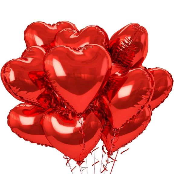 10 Red Heart - Shaped Foil Balloons, Heart - Design Helium - Compatible Balloons With Shiny Surface, For Valentine's Day Weddings Anniversaries Birthdays Party Decorations