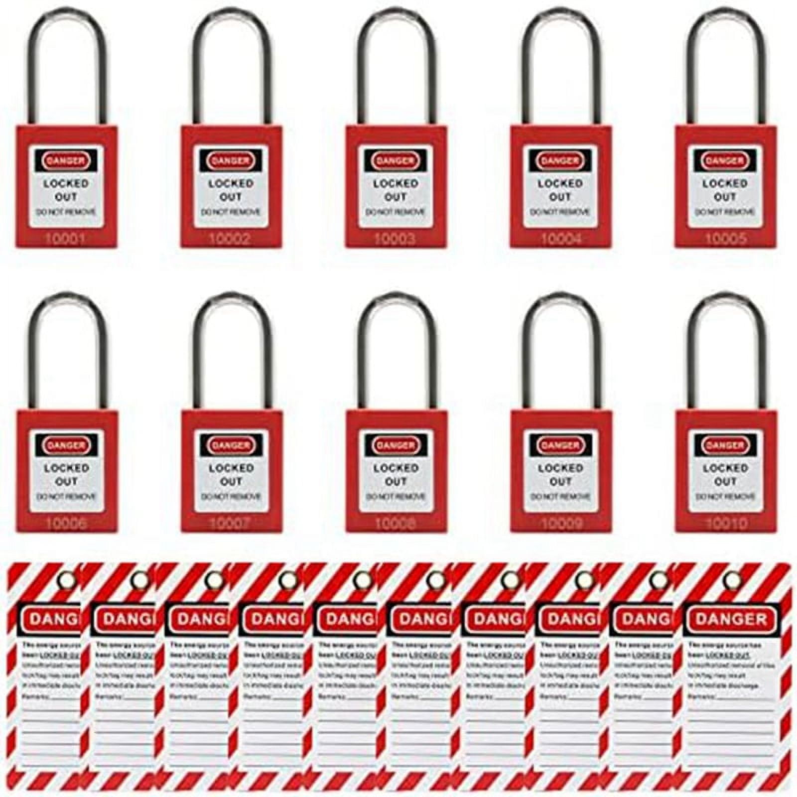 10 Red Lockout Tagout Locks with 10 Lock Out Tag Out Tags, Keyed