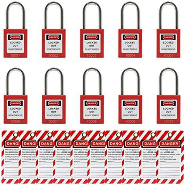 10 Red Lockout Tagout Locks with 10 Lock Out Tag Out Tags, Keyed