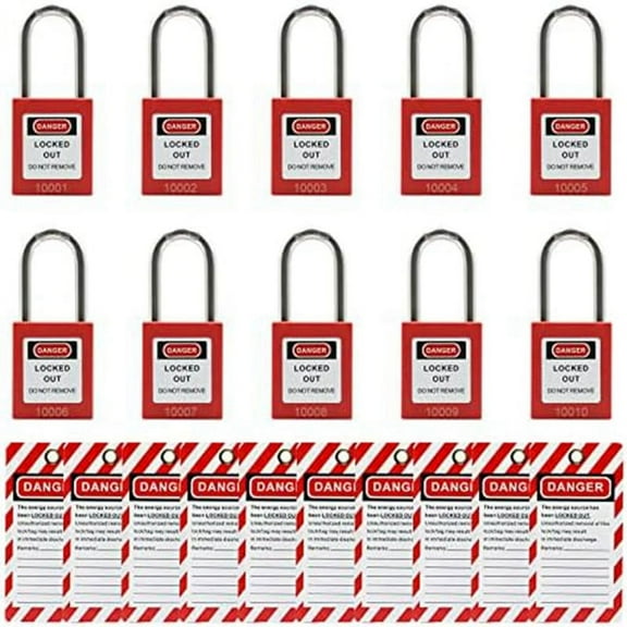 10 Red Lockout Tagout Locks with 10 Lock Tag Out Tags,Keyed Different
