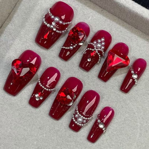 Red Rhinestone Nail Tips 10 Pcs Removable for Wedding Brides