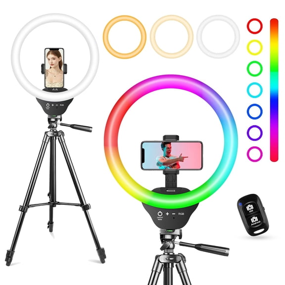 10'' Rgb Ring Light With 50'' Extendable Tripod Stand  Circle Lights Phone Holder For Live Stream/makeup/youtube Video/tiktok Compatible All Phones