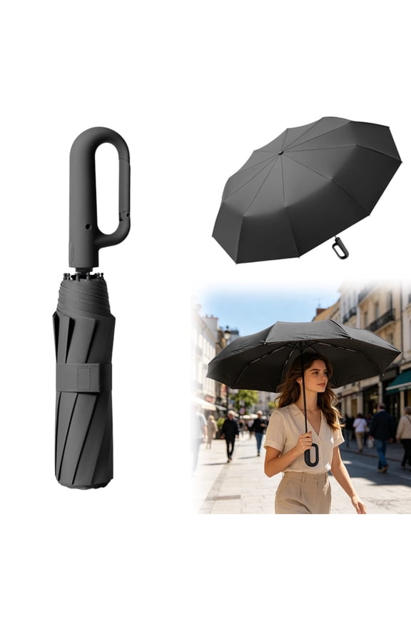 10-Rib Wind Resistant Inverted Umbrella with Carabiner Handle, Portable Sun & Rain Protection Car Travel Umbrella for Adults
