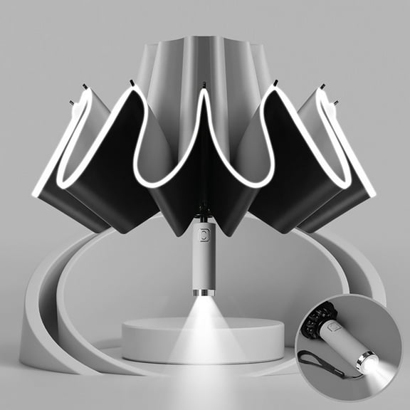 10 Rib Windproof Reverse Folding Umbrella with Reflective Stripe & Led Light | 41 Inch Diameter Fully Automatic Compact Travel Umbrella for Adults | Upf 50  Rain Protection