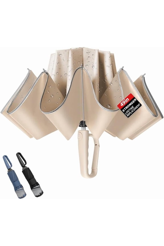 10 Ribs Inverted Umbrella with Carabiner Handle, Large Sturdy Folding Umbrellas Windproof for Rain & Sun, 49" Big Reverse Foldadble Travel Portable Safe Reflective Strip, Women Men