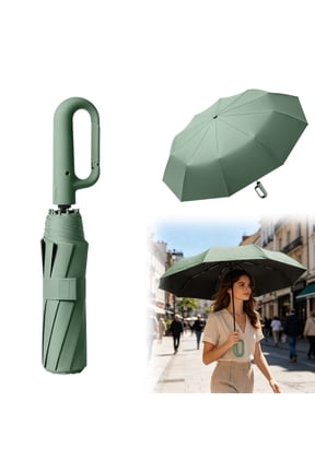 10 Ribs Windproof Inverted Umbrella with Carabiner Handle, Portable Reverse Fold Rain Sun Umbrella for Car Men Women