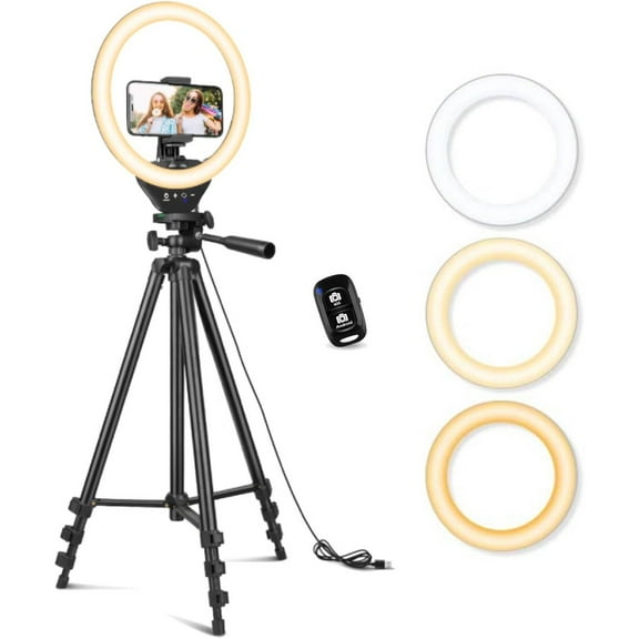 10'' Ring Light with 50'' Extendable Tripod Stand, LED Circle Lights with Phone Holder for Live Stream/Makeup/YouTube Video/TikTok, Compatible with All Phones
