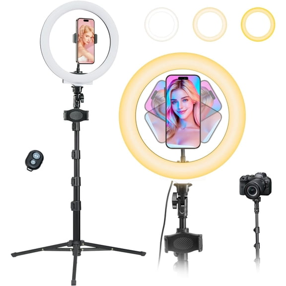 10" Ring Light with 66'' Tripod Stands & 2 Phone Holder, LED Circle Ring Lights Compatible with  Phones, 3 Color & 10 Brightness Level, for Live Stream, Makeup, Zoom, , YouTube