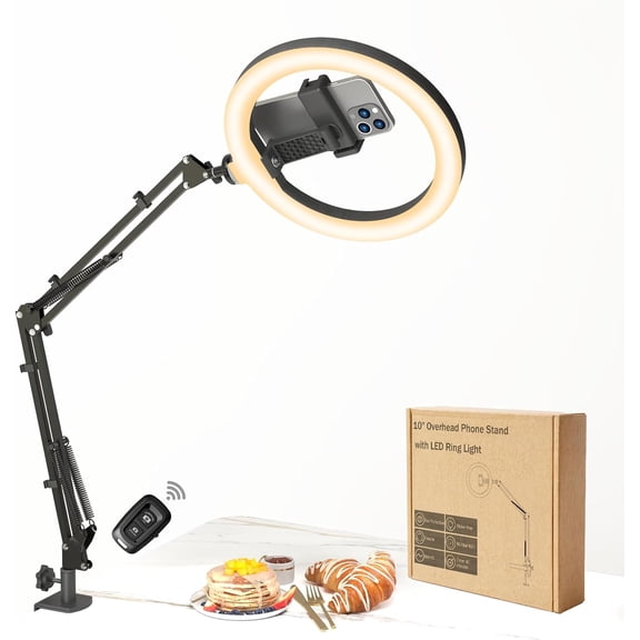 10" Ring Light with Overhead Phone Stand, CRI>=95 1200lm Dimmable Lighting, Adjustable Arm with Remote & Phone Holder, for Streaming, , Zoom Calls, Photography