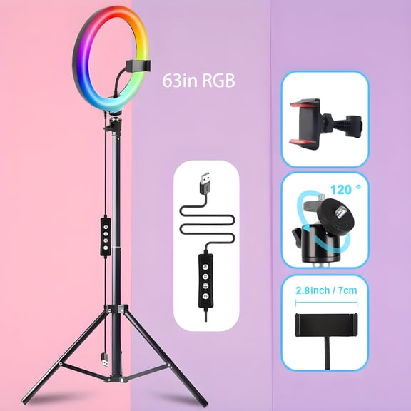 10" Selfie Ring Light Kit, 63 Inch Tripod & Phone Holder, 15 RGB Modes, 10 Brightness Levels for Live Stream & Photography
