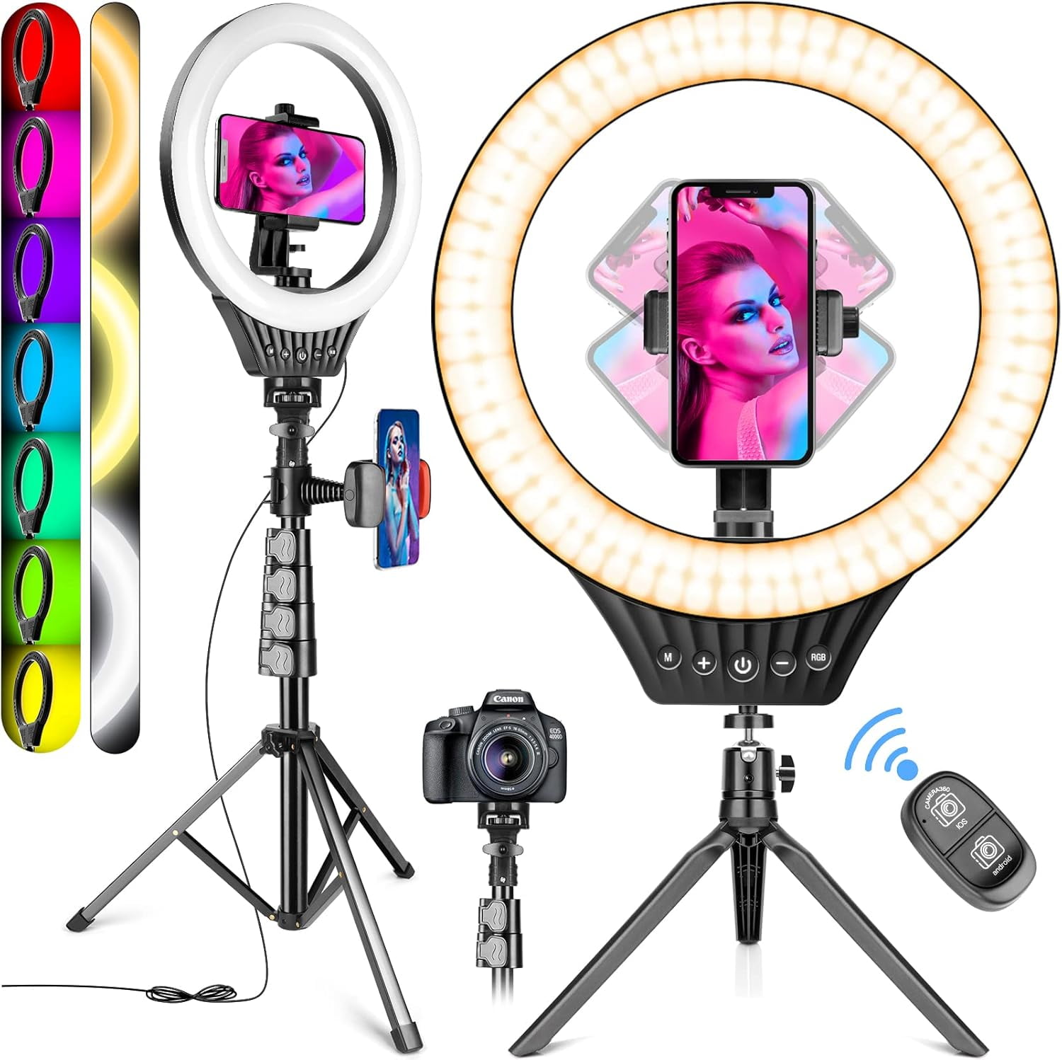 10" Ring Light with Tripod Stand andRGB Selfie Ring Light with 59" Stand & Desk Phone Tripod Stand,8 Dimming Levels,17 Color LED Ring Lights for Phone,Live Stream,Make Up,YouTube,TikTok