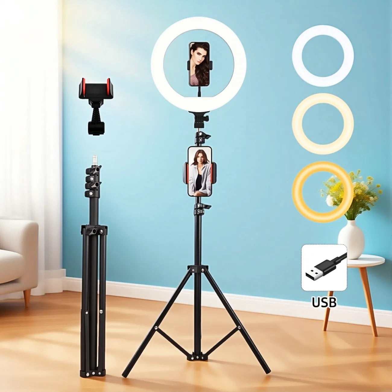 UEGOGO 10-inch Tri-Color Ring Light with a 43.3-inch Tripod and Phone Mount—an LED ring light designed specifically for selfies, perfect for TikTok and YouTube