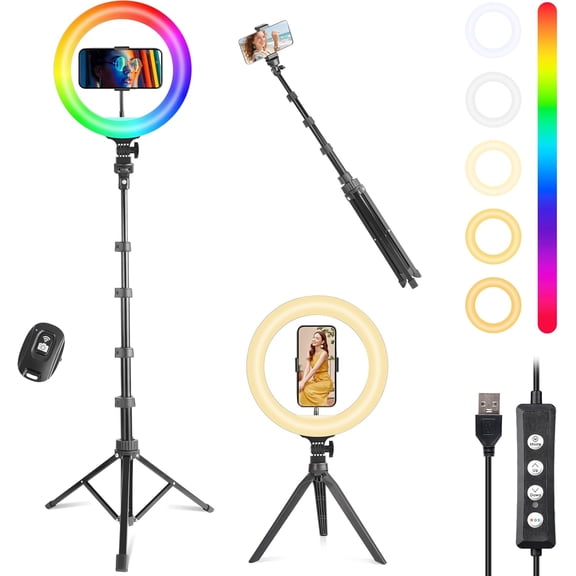 10'' Ring Light with 72'' Tripod Stand & Phone Holder,38 Color Modes Dimmable Ringlight for Live Stream, YouTube,,