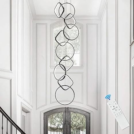 10 Rings Chandelier High Ceiling, Modern LED Chandeliers Black Large Long Staircase Chandelier Dimmable Foyer Chandeliers Entryway, 3000K-6500K