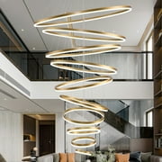 10 Rings Modern LED Chandelier Gold Dimmable Large Foyer Chandeliers Entryway High Ceiling for Staircase, High Ceiling Pendant Lights for Entryway Living Room, 3000K-6500K