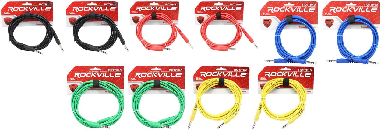 10 Rockville 10' 1/4'' TRS to 1/4'' TRS Cable 100% Copper (5 Colors x 2 ...