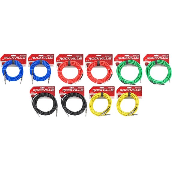 10 Rockville 20' 1/4" TS-1/4'' TS Guitar/Instrument Cable (5 Colors x2 of each)