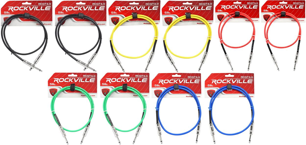 10 Rockville 3'  1/4" TS - 1/4'' TS Guitar/Instrument Cable (5 Colorsx2 of each)