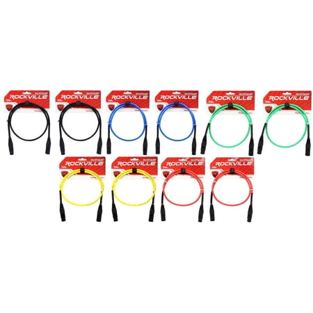 10 Rockville 3' Female to Male REAN XLR Mic Cable (5 Colors x 2 of Each)