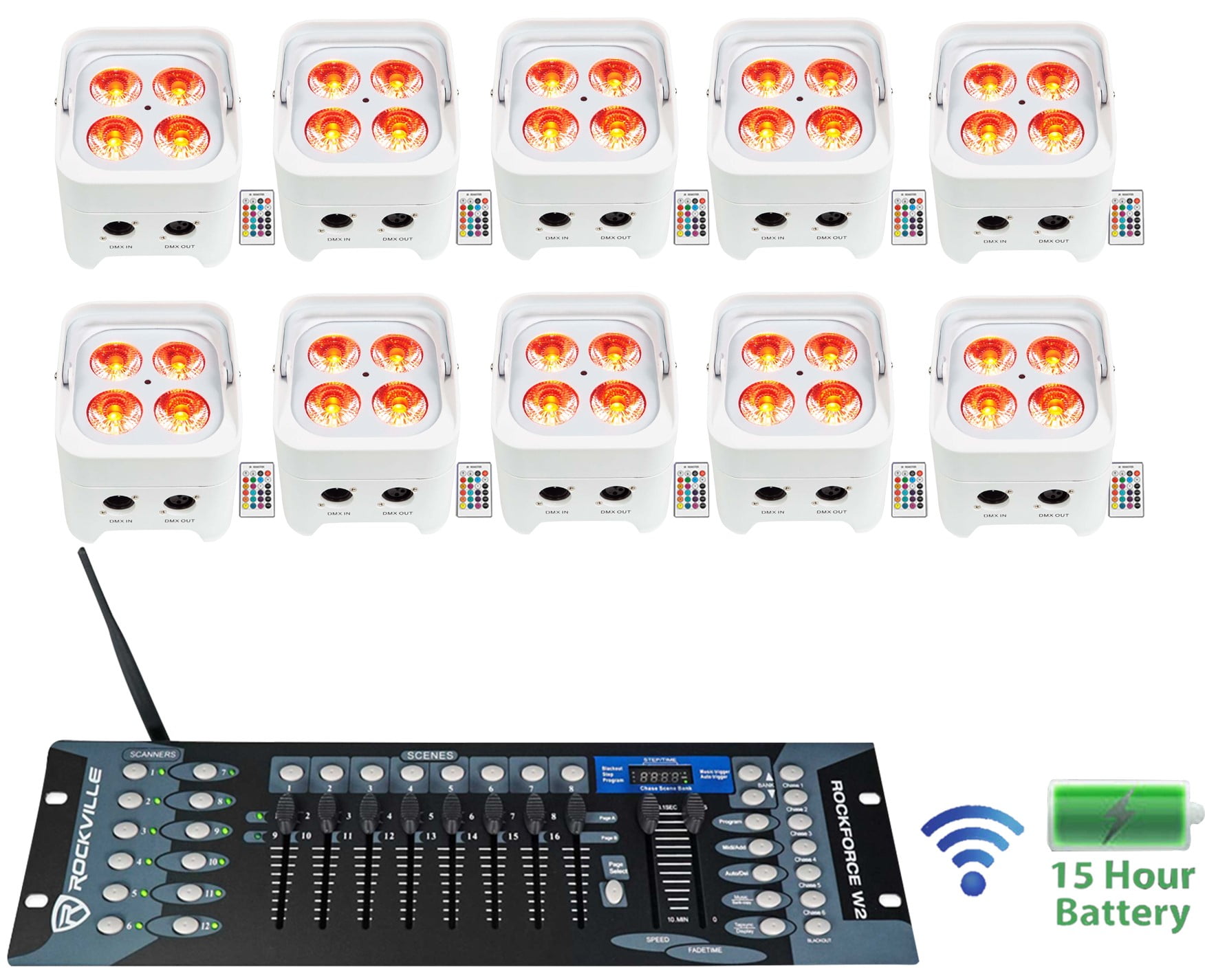 (10) Rockville BEST PAR 50 Battery Wash Lights Wireless DMX+Controller