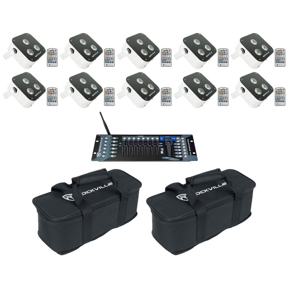 (10) Rockville MINI RF3 RGBWA+UV DMX DJ/Party Wash Lights+DMX Controller+Bags