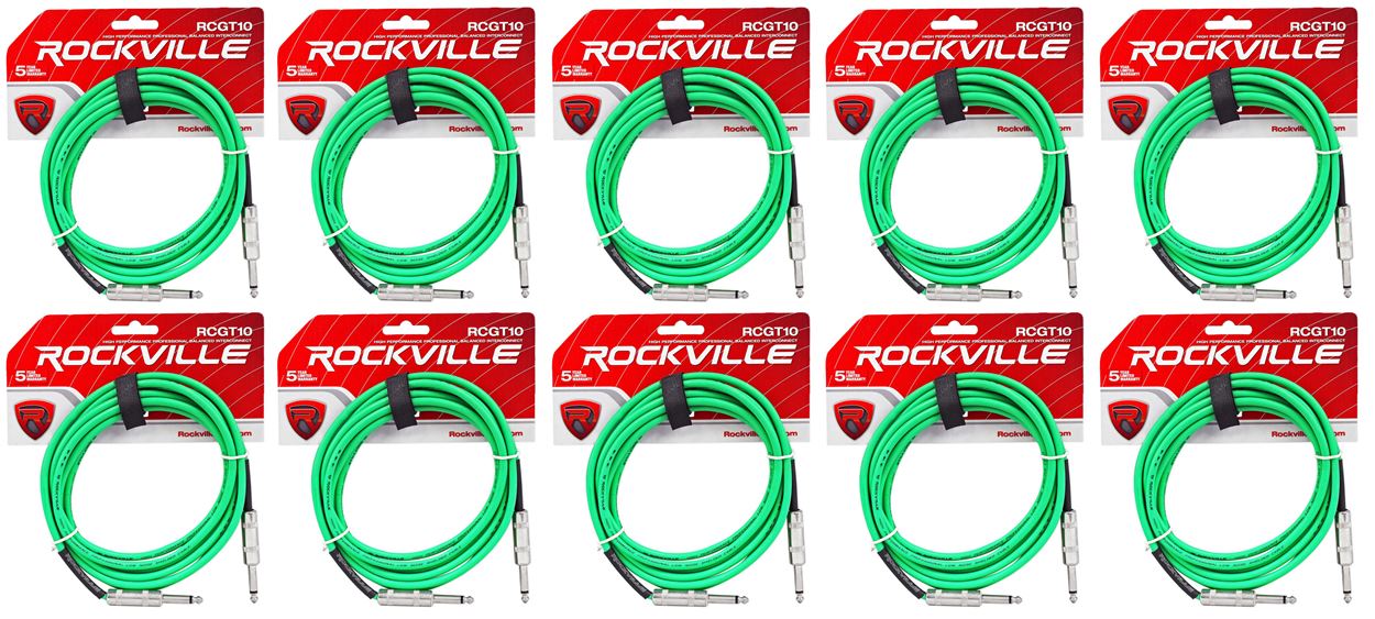10 Rockville RCGT10G 10'  1/4" TS to 1/4'' TS Guitar/Instrument Cable