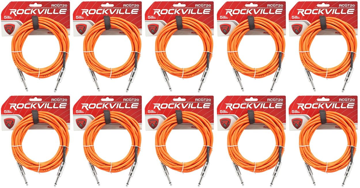 10 Rockville RCGT20O 20'  1/4" TS to 1/4'' TS Guitar/Instrument Cable