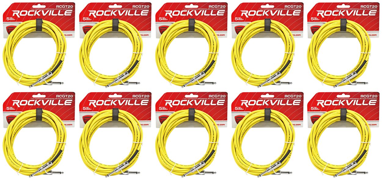 10 Rockville RCGT20Y 20'  1/4" TS to 1/4'' TS Guitar/Instrument Cable