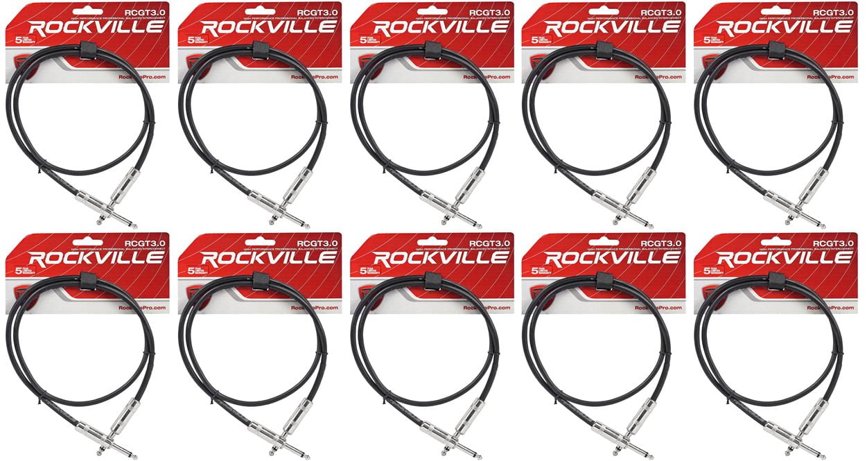 10 Rockville RCGT3.0B 3' 1/4" TS to 1/4'' TS Guitar Pedal Board/Instrument Cable