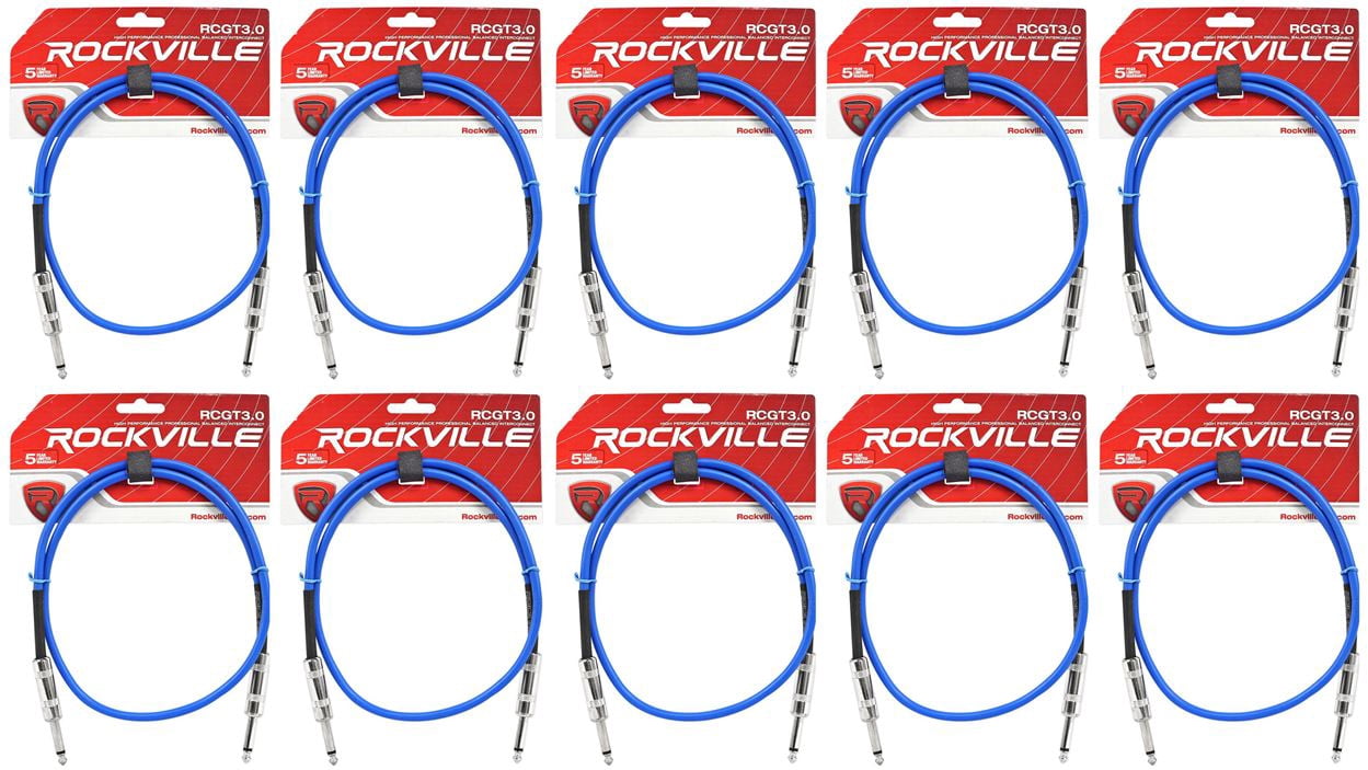 10 Rockville RCGT3.0BL 3'  1/4" TS to 1/4'' TS Guitar/Instrument Cable
