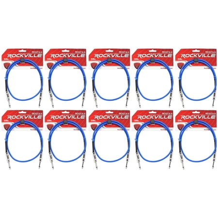 10 Rockville RCGT3.0BL 3' 1/4" TS to 1/4'' TS Guitar/Instrument Cable