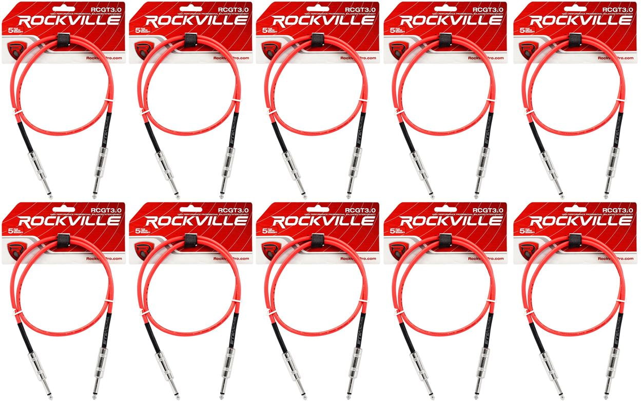10 Rockville RCGT3.0R 3'  1/4" TS to 1/4'' TS Guitar/Instrument Cable