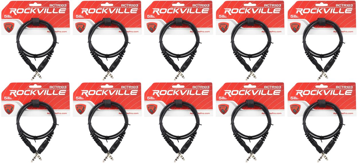 10 Rockville RCTR103B Black 3' 1/4'' TRS to 1/4'' TRS Cable 100% Copper