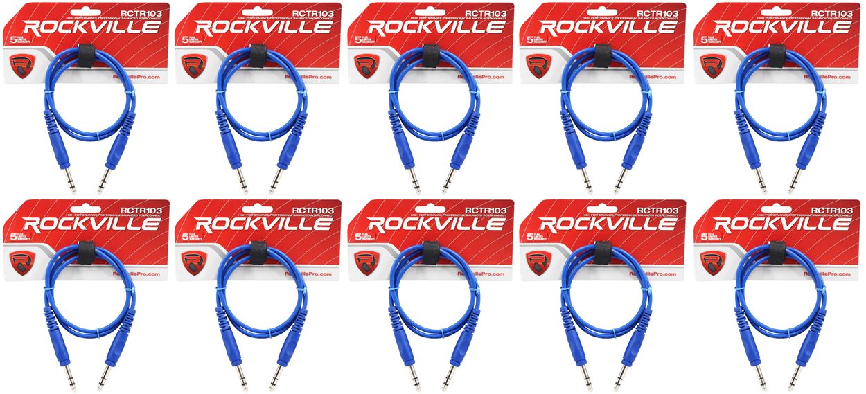 10 Rockville RCTR103BL Blue 3' 1/4'' TRS to 1/4'' TRS Cable 100% Copper