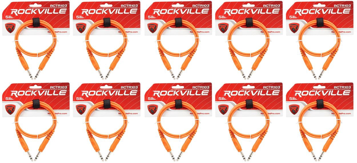 10 Rockville RCTR103O Orange 3' 1/4'' TRS to 1/4'' TRS Cable 100% Copper